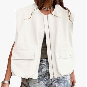 Tankaneo White Cargo Pocket zip up vest, L, P1394